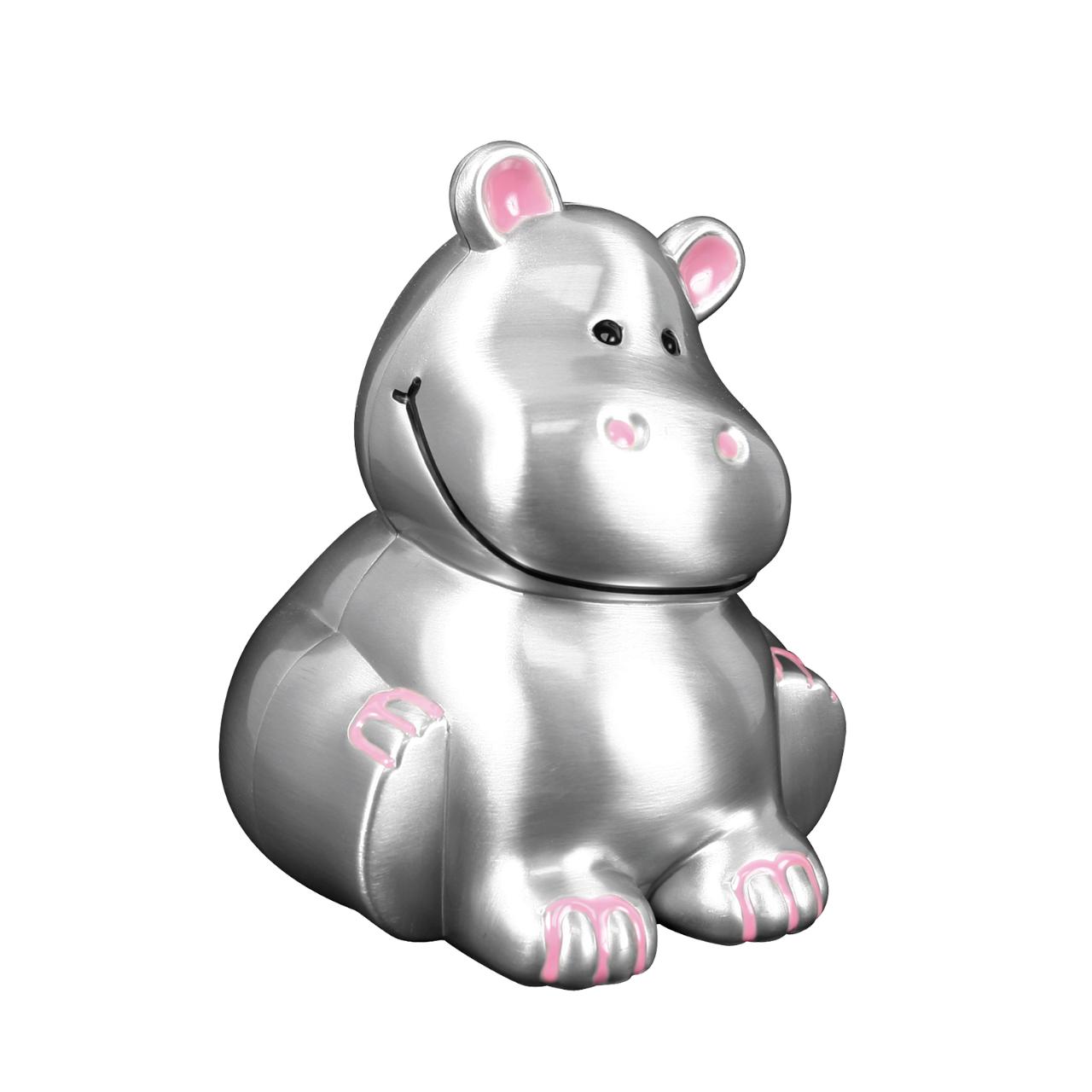 Pewter plated money bank hippopotamus, pink enamel