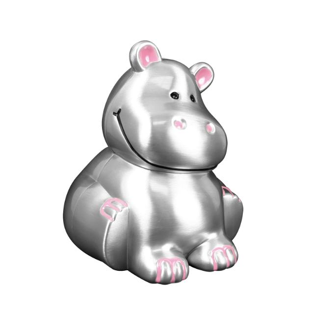 Pewter plated money bank hippopotamus, pink enamel