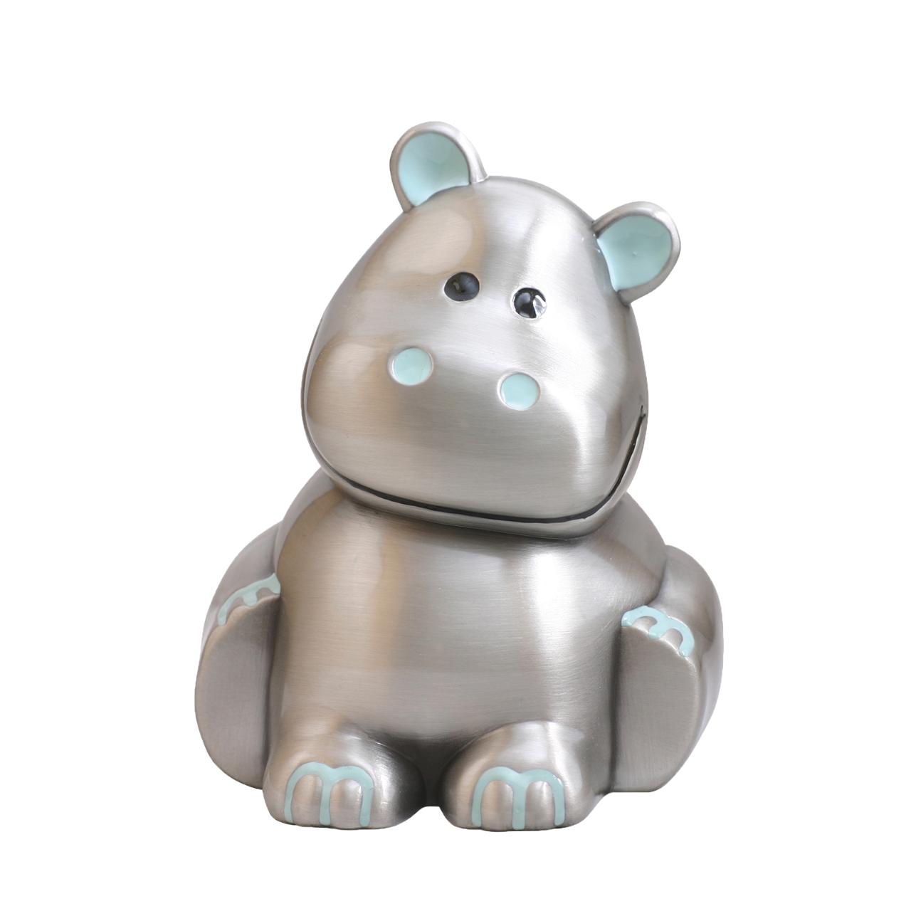Pewter plated money bank hippopotamus, blue enamel
