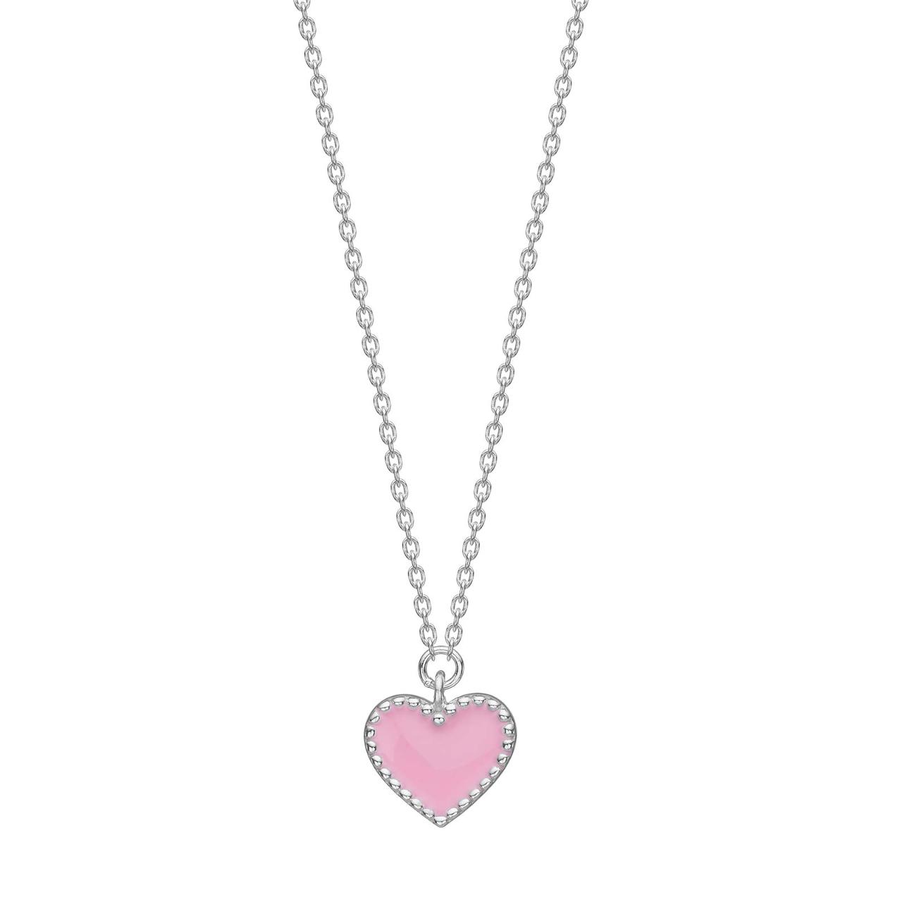 Rhd. silver necklace heart w. pink enamel