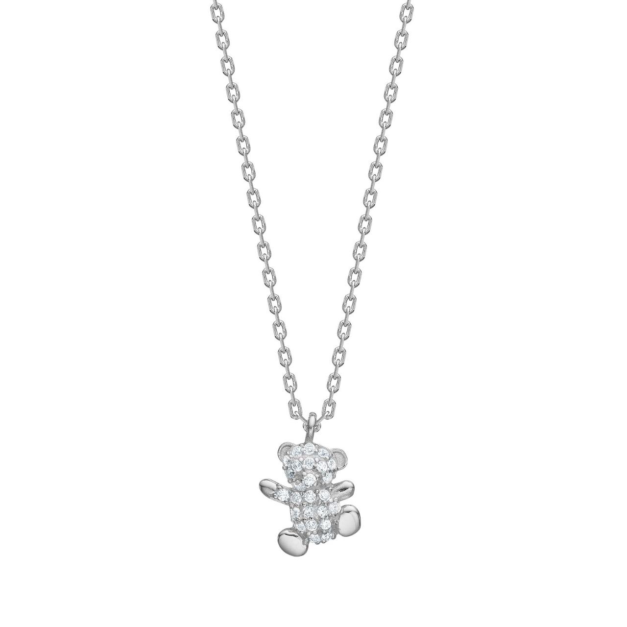 Rhod. silver necklace teddy bear w/cz