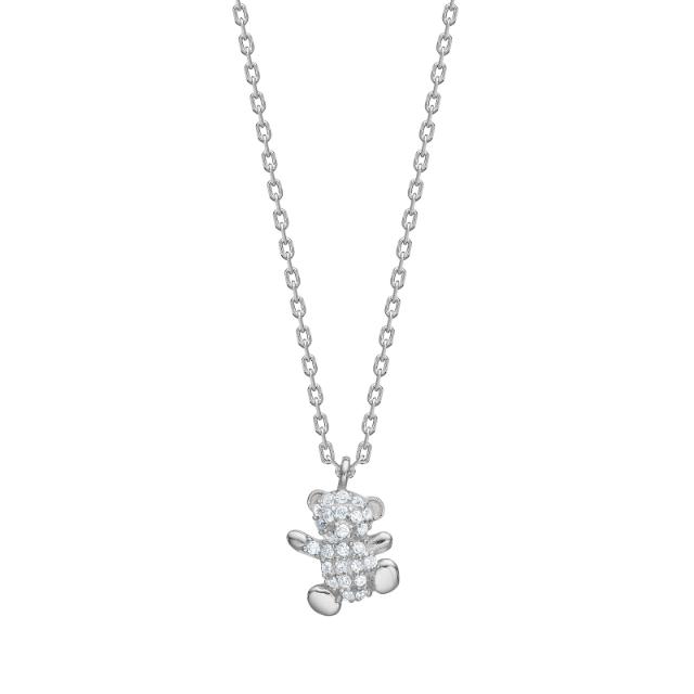 Rhod. silver necklace teddy bear w/cz