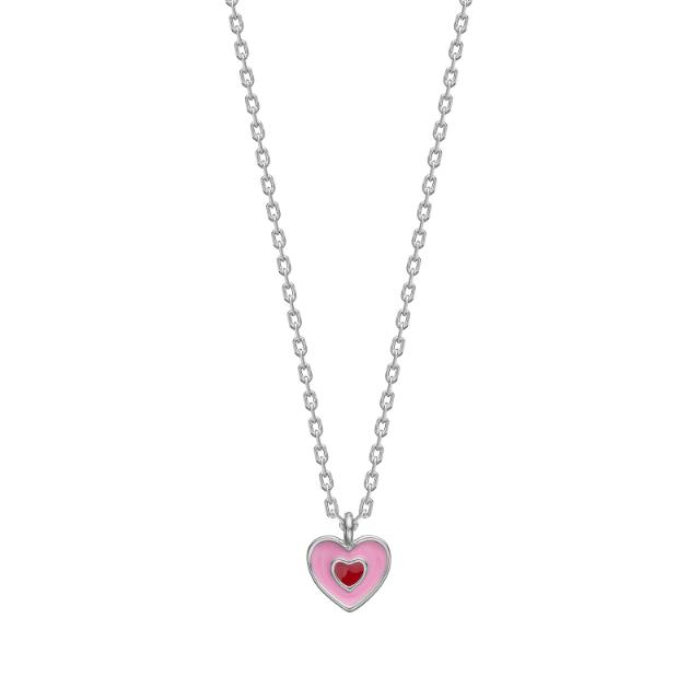 Rhod. silver necklace heart w/ pink enamel