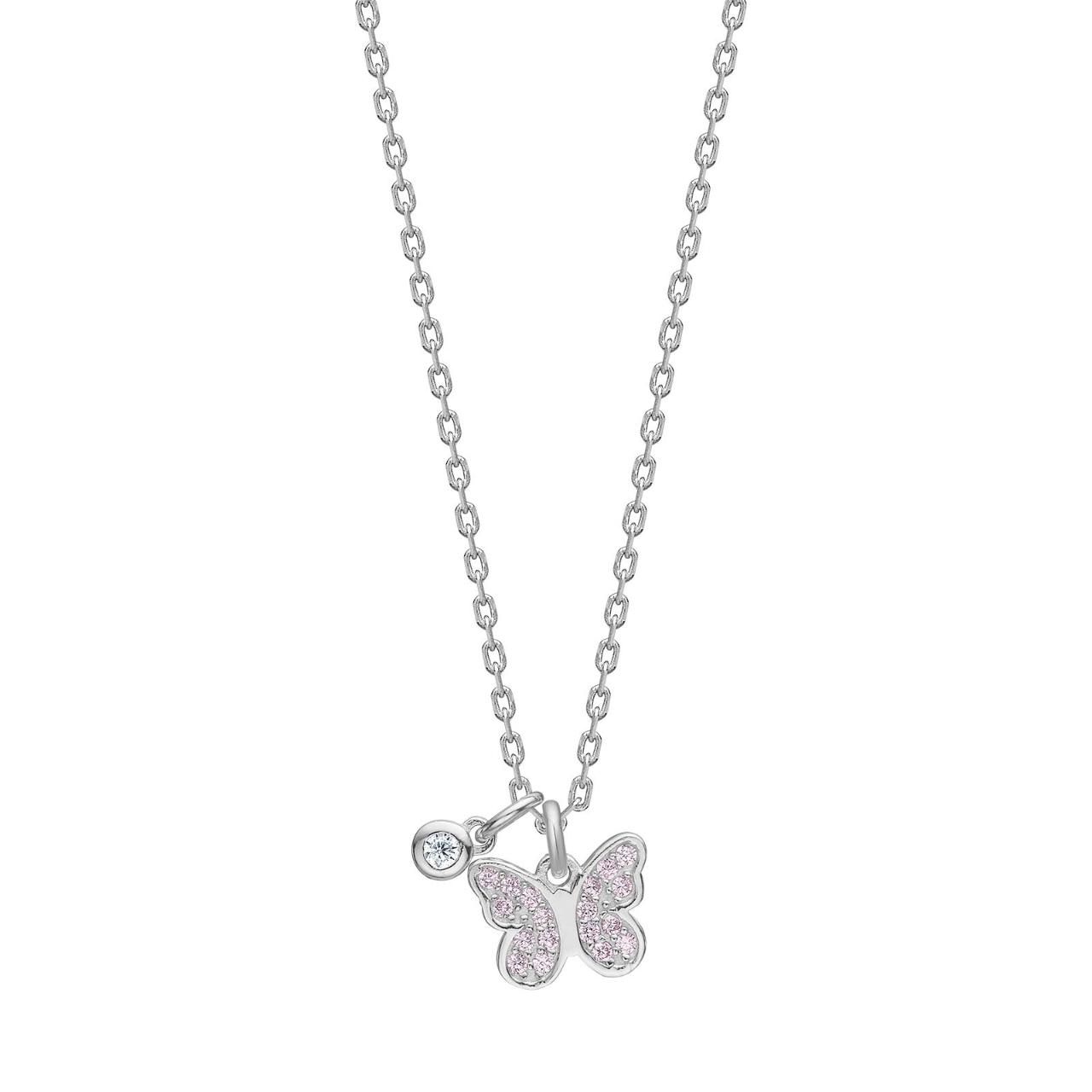 Rhod. silver necklace butterfly w. pink cz