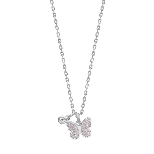 Rhod. silver necklace butterfly w. pink cz