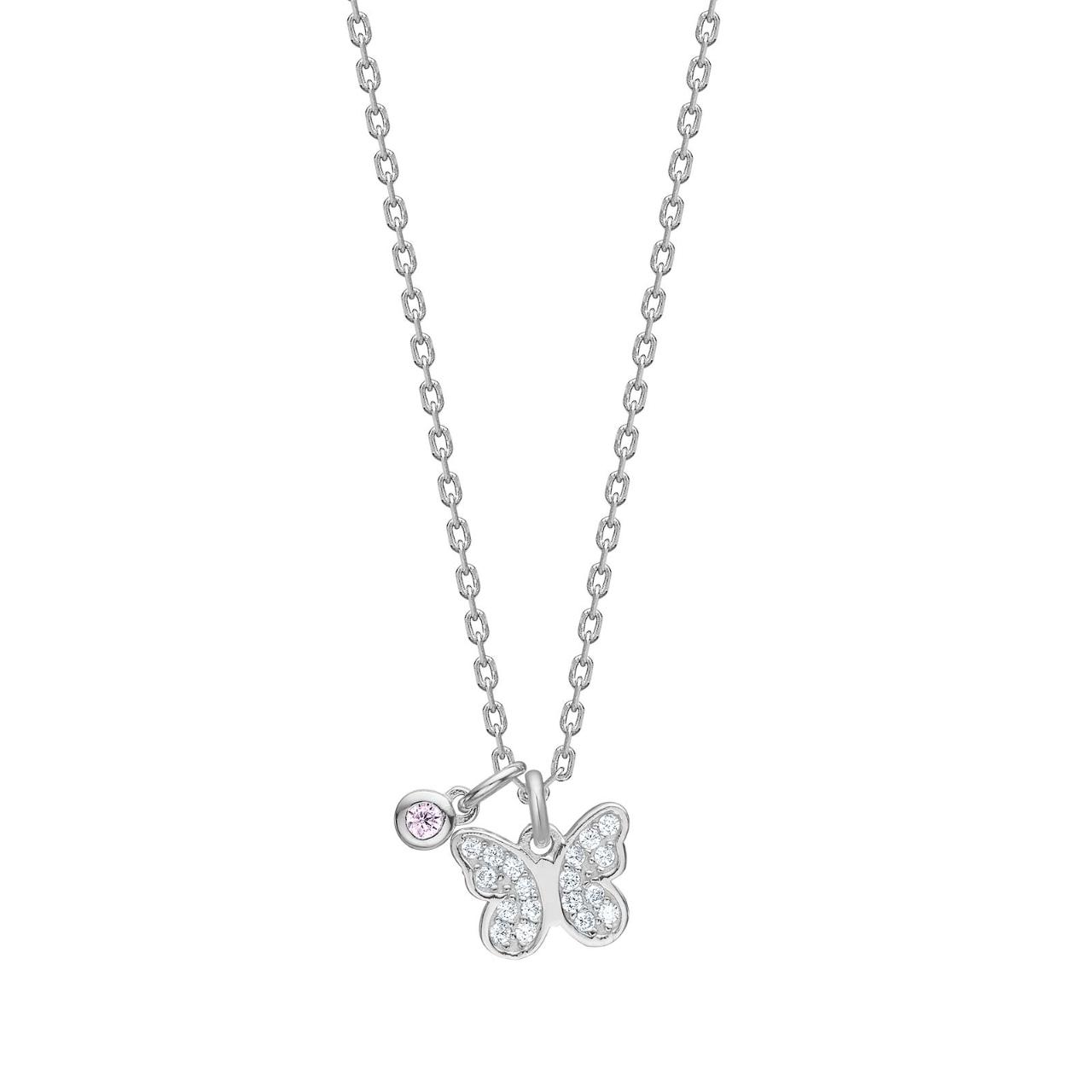 Rhod. silver necklace butterfly w. white cz