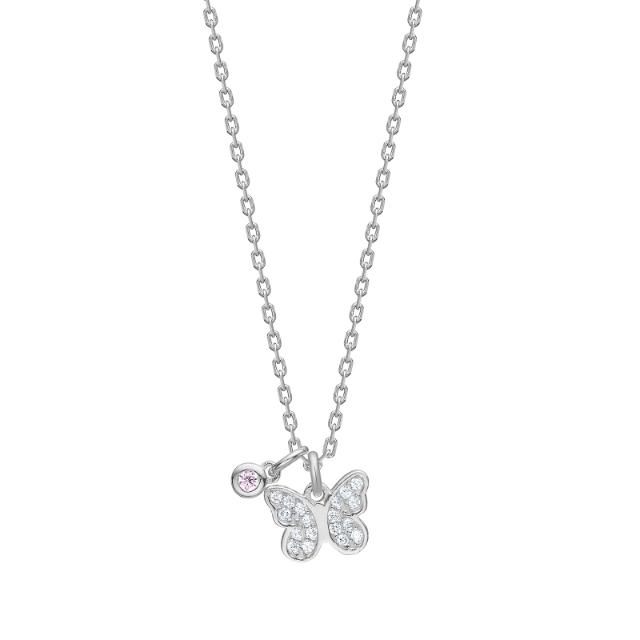 Rhod. silver necklace butterfly w. white cz
