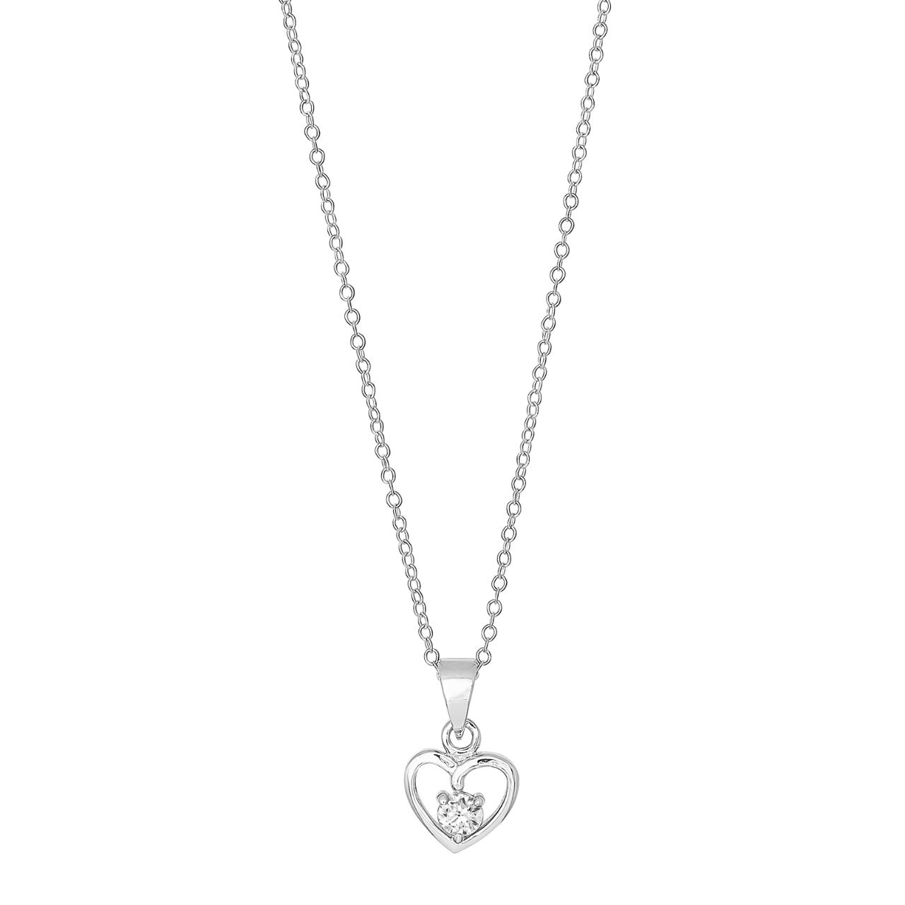 Rhod. silver necklace heart w/cz 