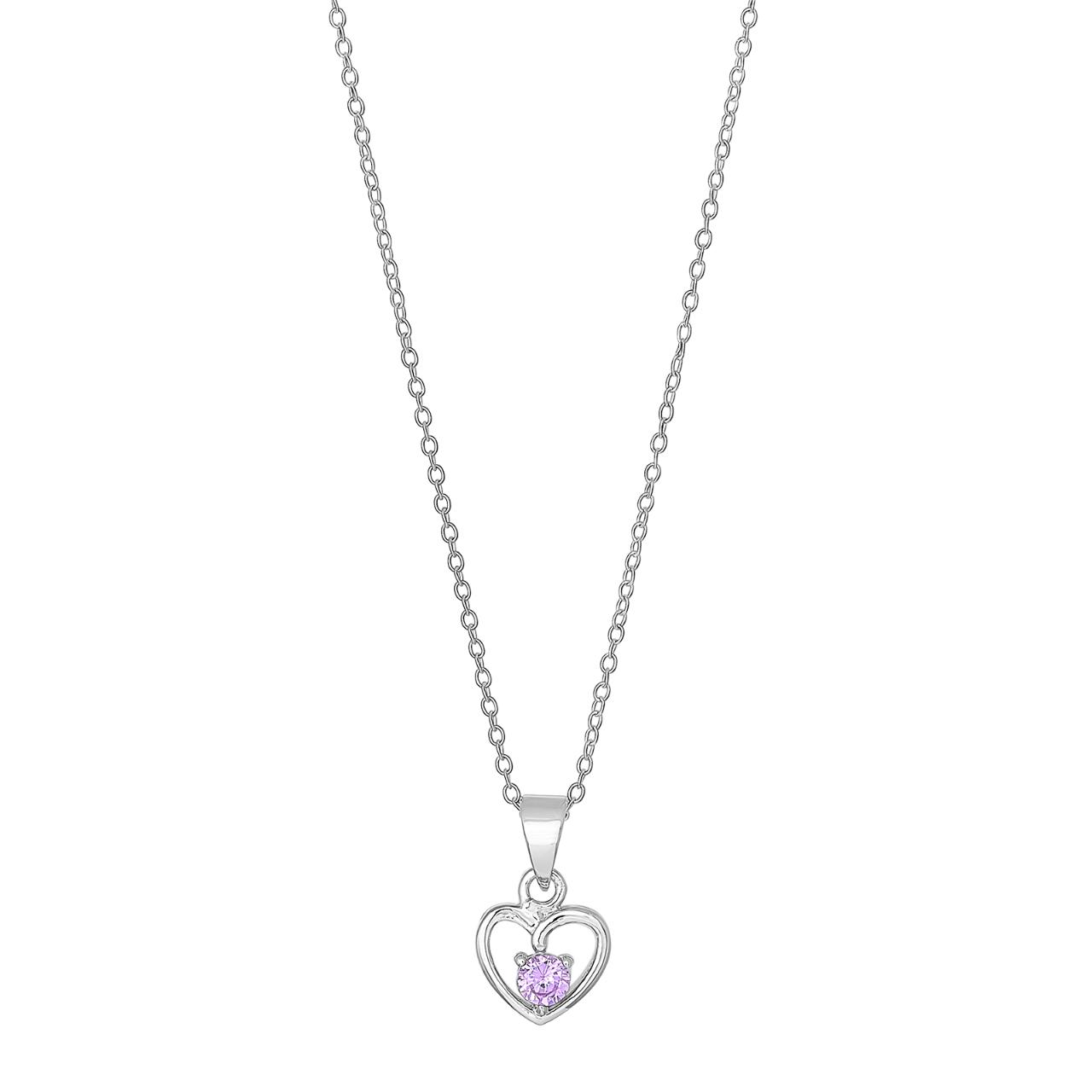Rhod. silver necklace heart w/pink cz 