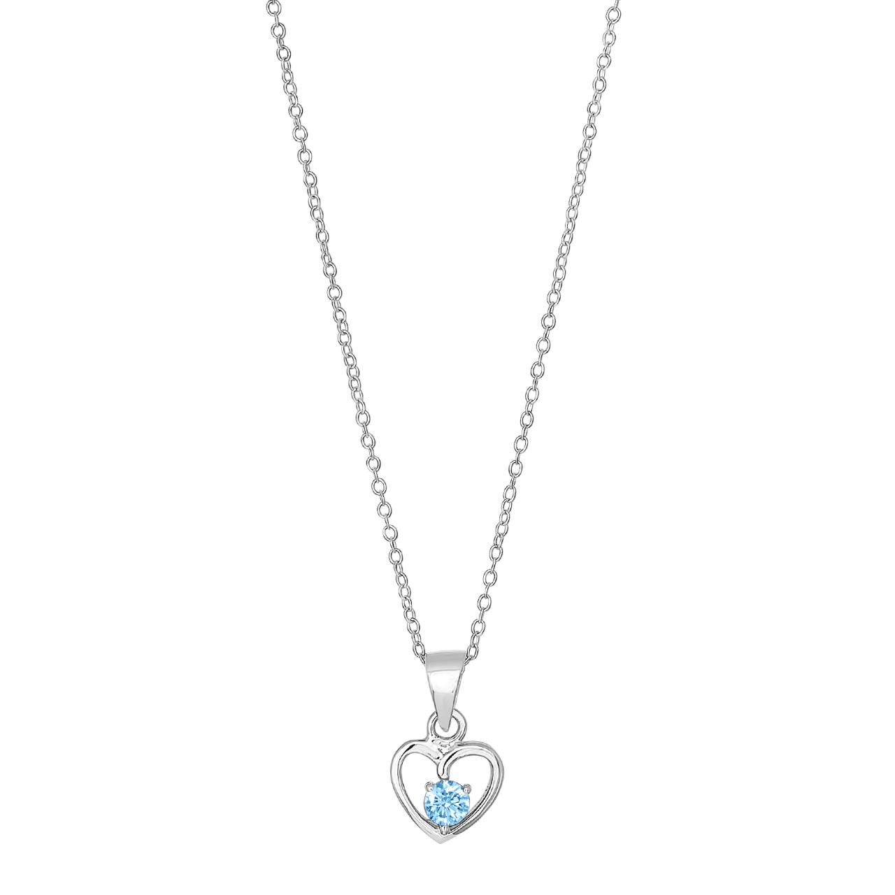 Rhod. silver necklace heart w/light blue cz 