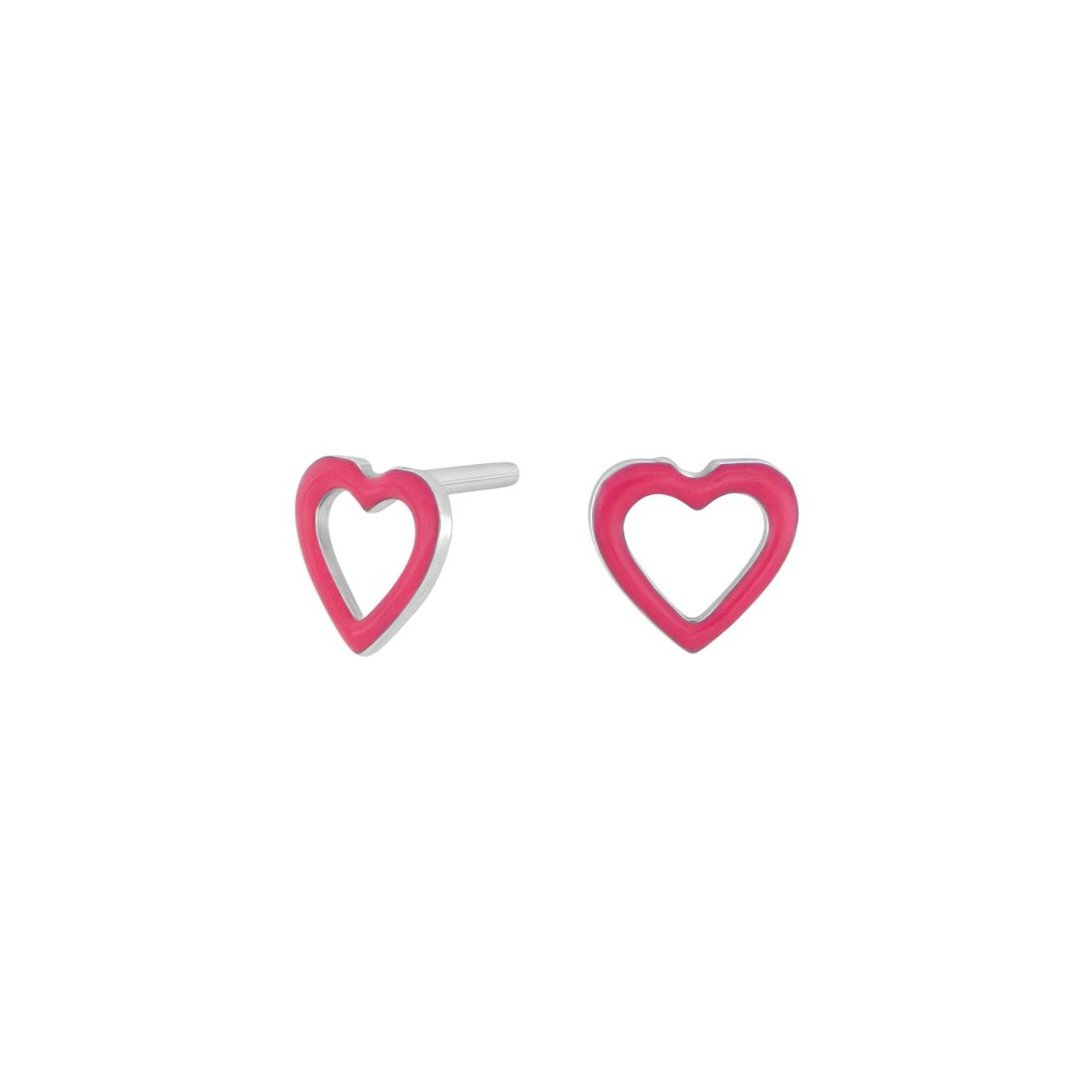 Rhd. silver earrings heart w. pink enamel