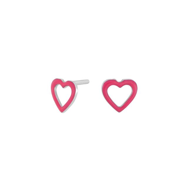 Rhd. silver earrings heart w. pink enamel