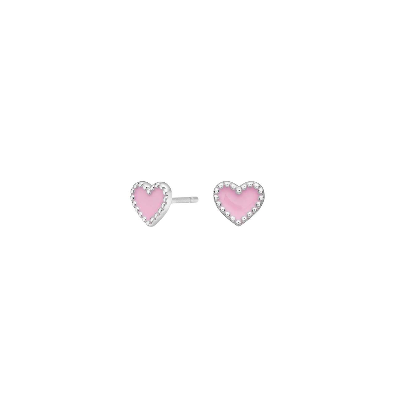 Rhd. silver earrings heart w. pink enamel
