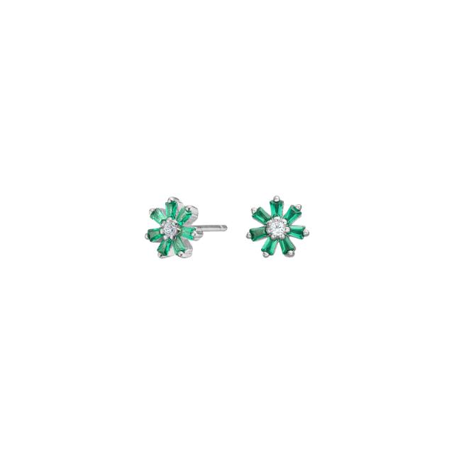 Rhod. silver earrings flower w. green cz