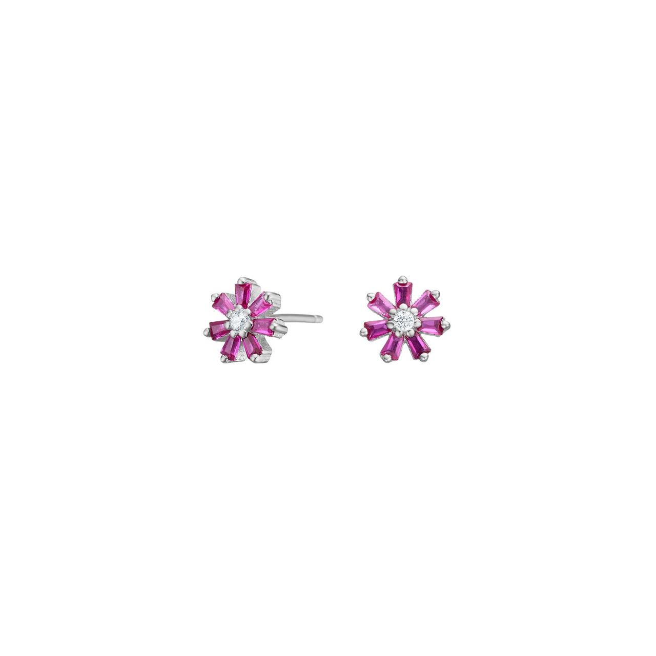 Rhod. silver earrings flower w. red cz