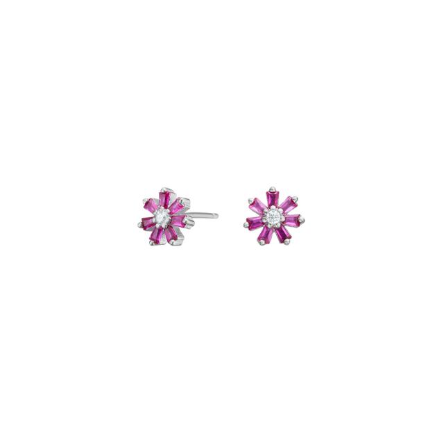 Rhod. silver earrings flower w. red cz