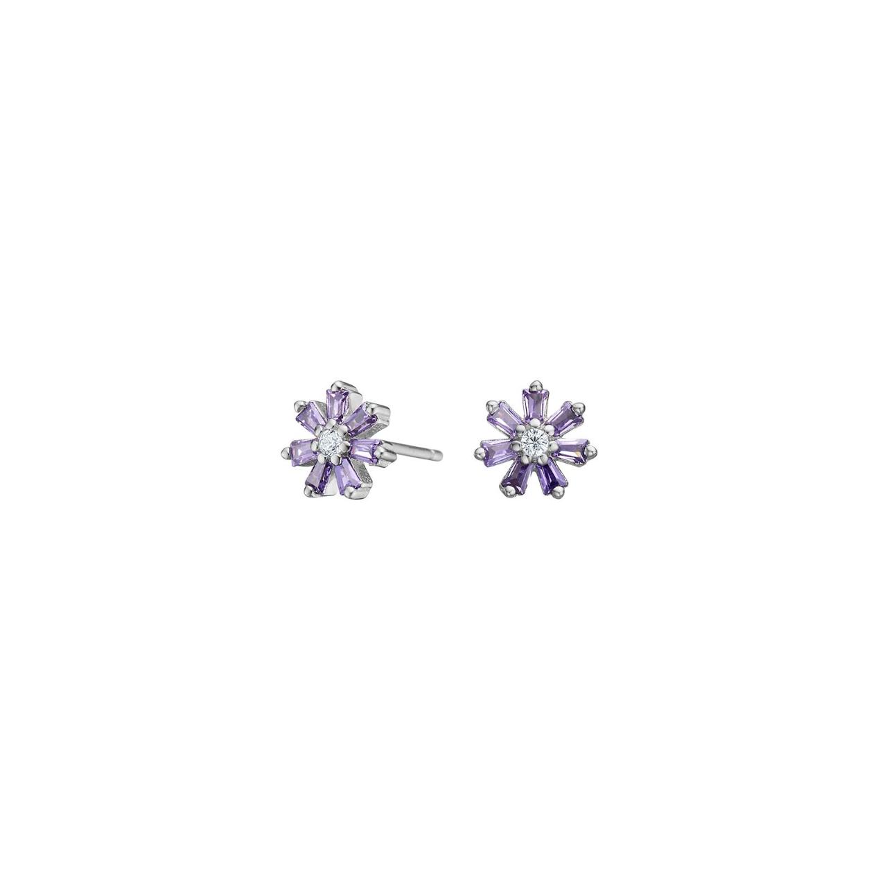Rhod. silver earrings flower w. purple cz
