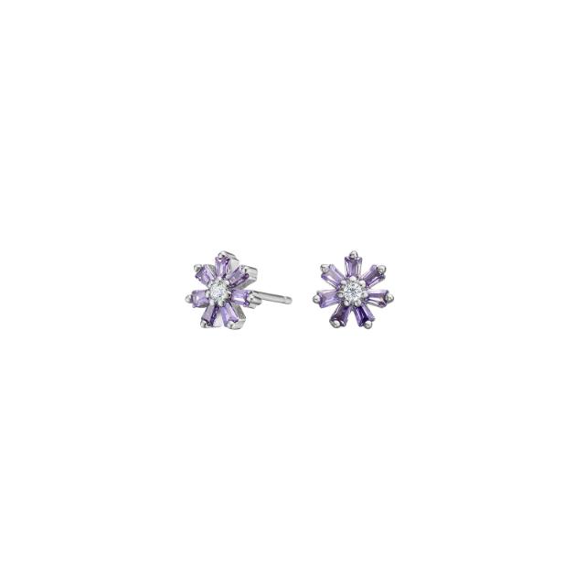 Rhod. silver earrings flower w. purple cz