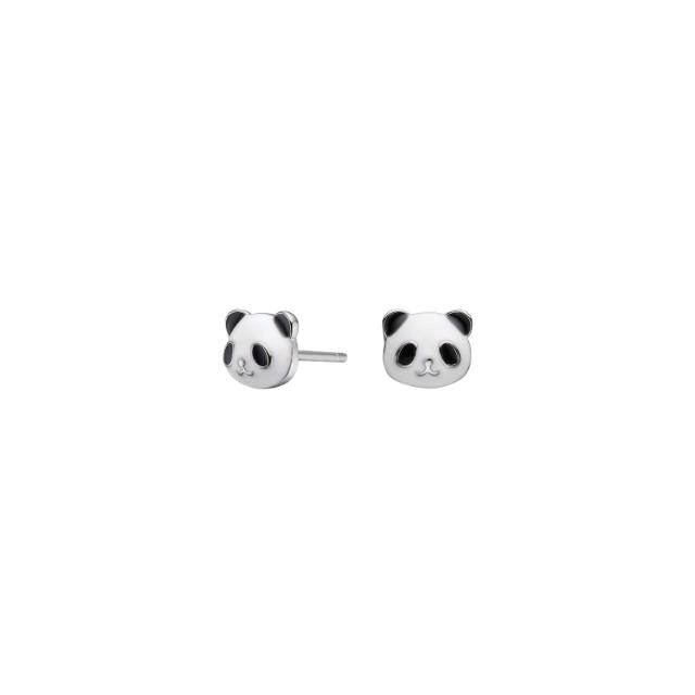Rhod. silver earrings panda w/ enamel