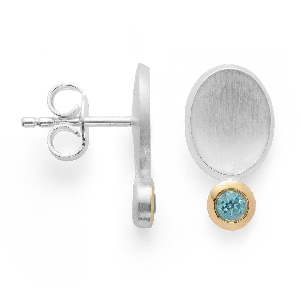 925/- earstud, soldered 18K, rho. satin/pol., topaz