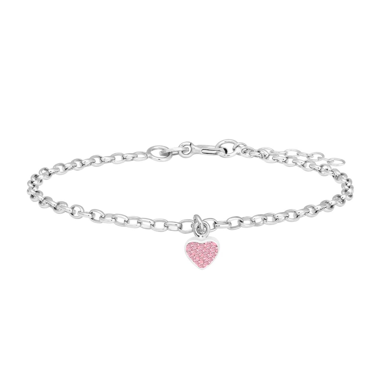 Rhod. silver bracelet w/heart and pink cz 