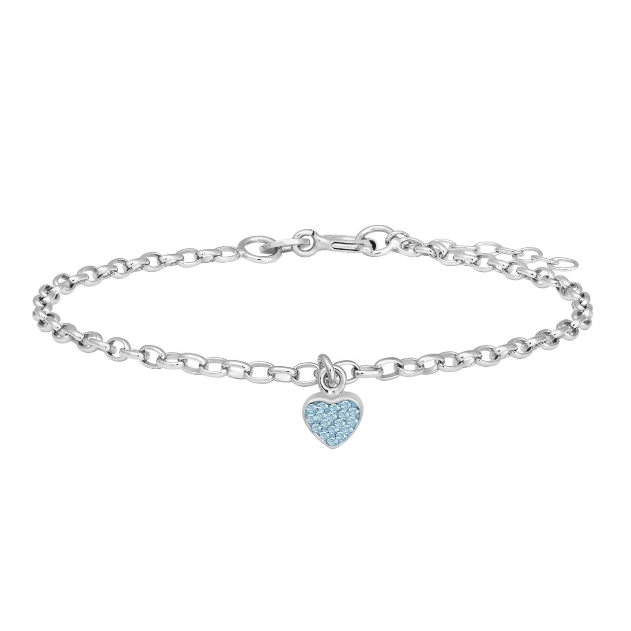 Rhod. silver bracelet heart w/blue cz 