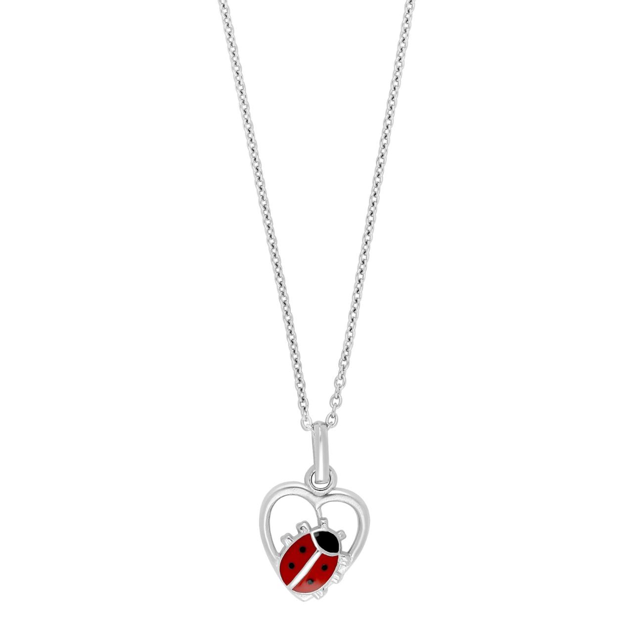 Rhod. silver necklace heart w/ladybird and enamel 