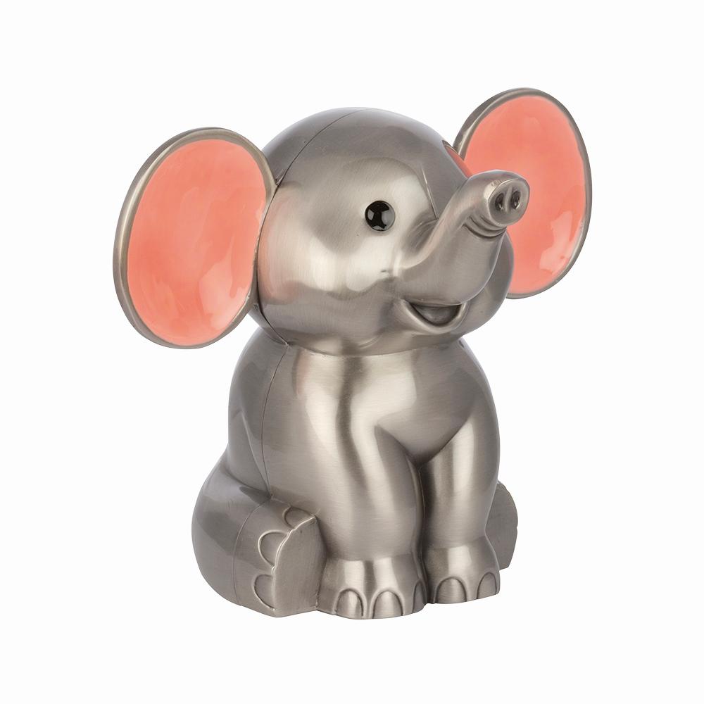 Pewter plated money bank elephant with pink ears