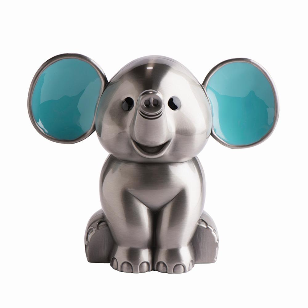 Pewter plated money bank elephant with blue ears