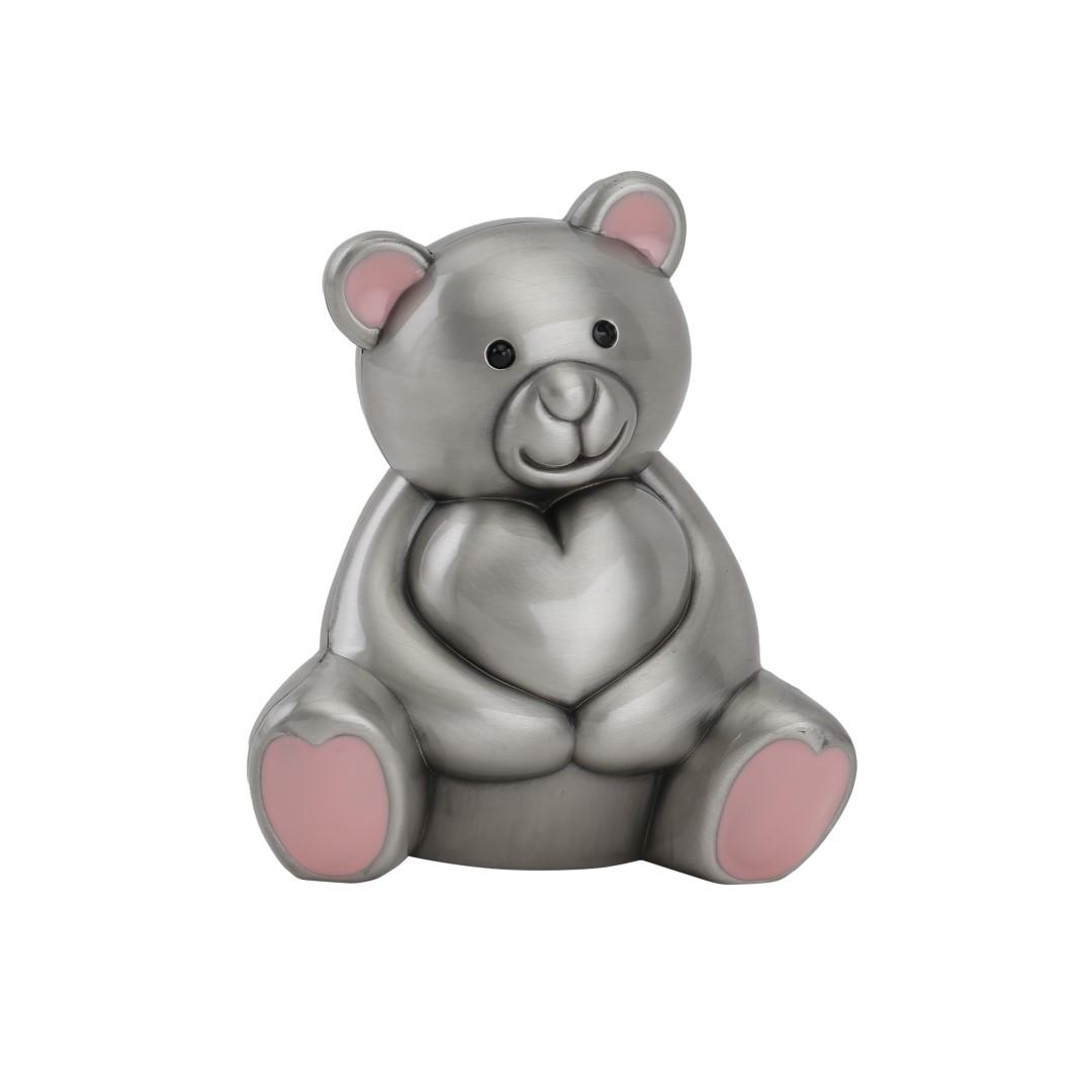 Pewter plated money bank, bear with pink ears