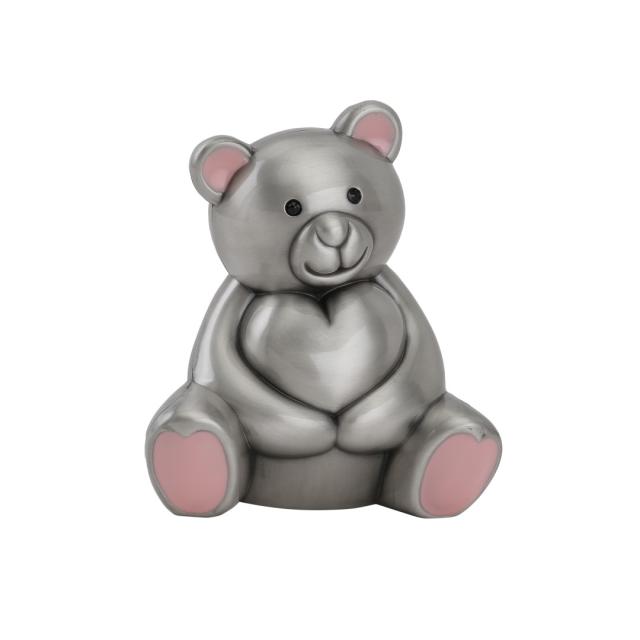 Pewter plated money bank, bear with pink ears