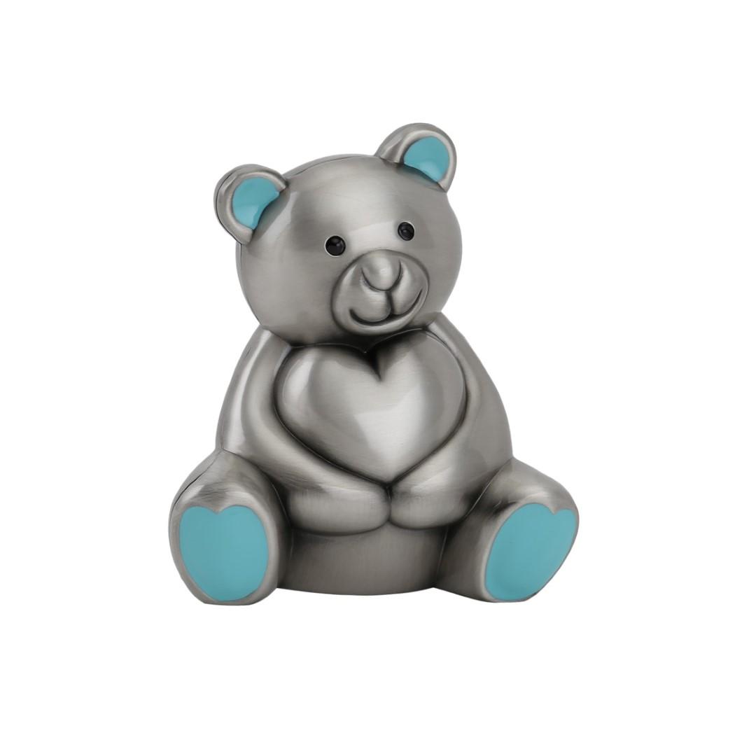 Pewter plated money bank, bear with pink ears