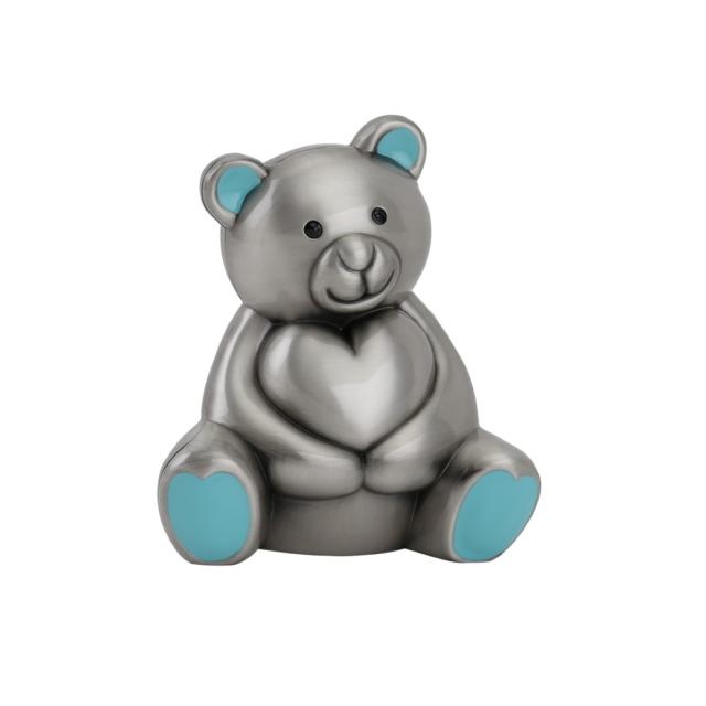 Pewter plated money bank, bear with pink ears