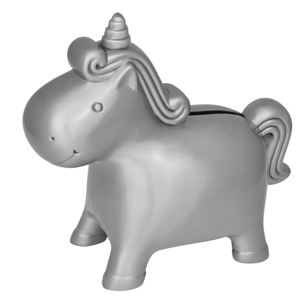 Pewter plated money bank unicorn