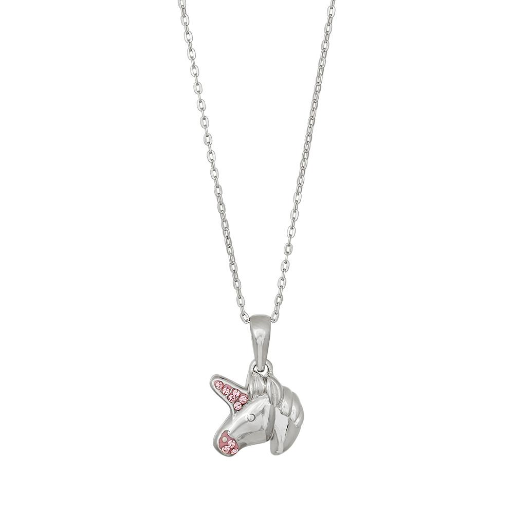 Rhod. silver pendant unicorn w/pink cz incl. chain 
