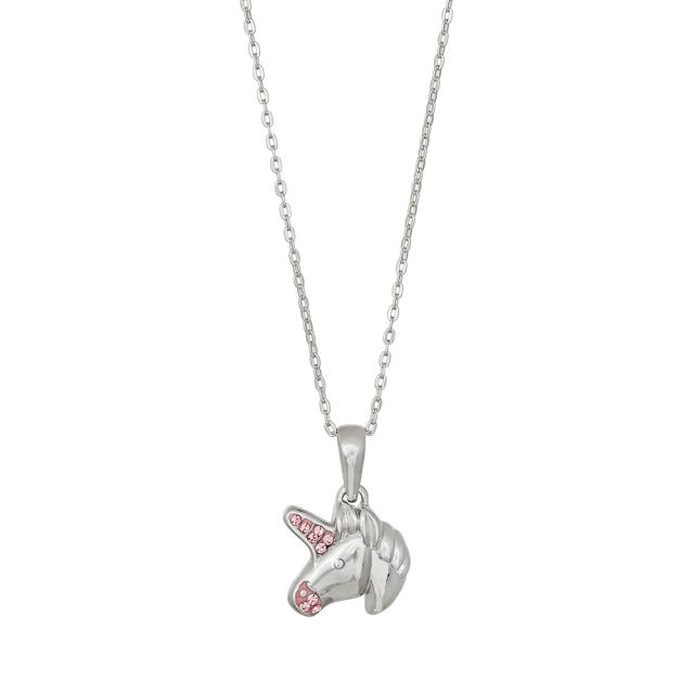 Rhod. silver pendant unicorn w/pink cz incl. chain 