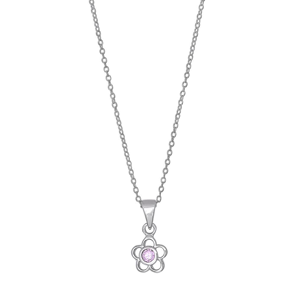 Rhod. silver necklace flower w/pink cz 