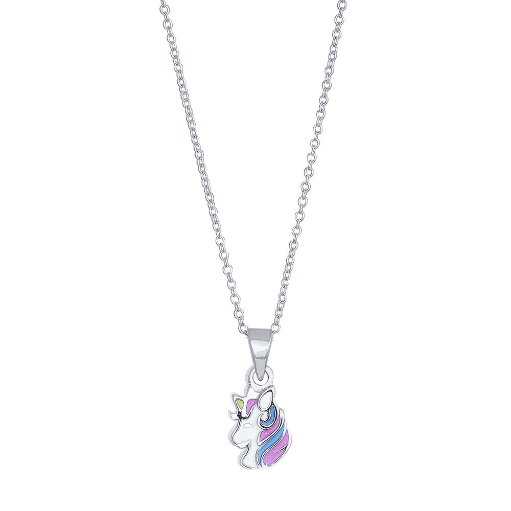 Rhod. silver necklace unicorn w/enamel 