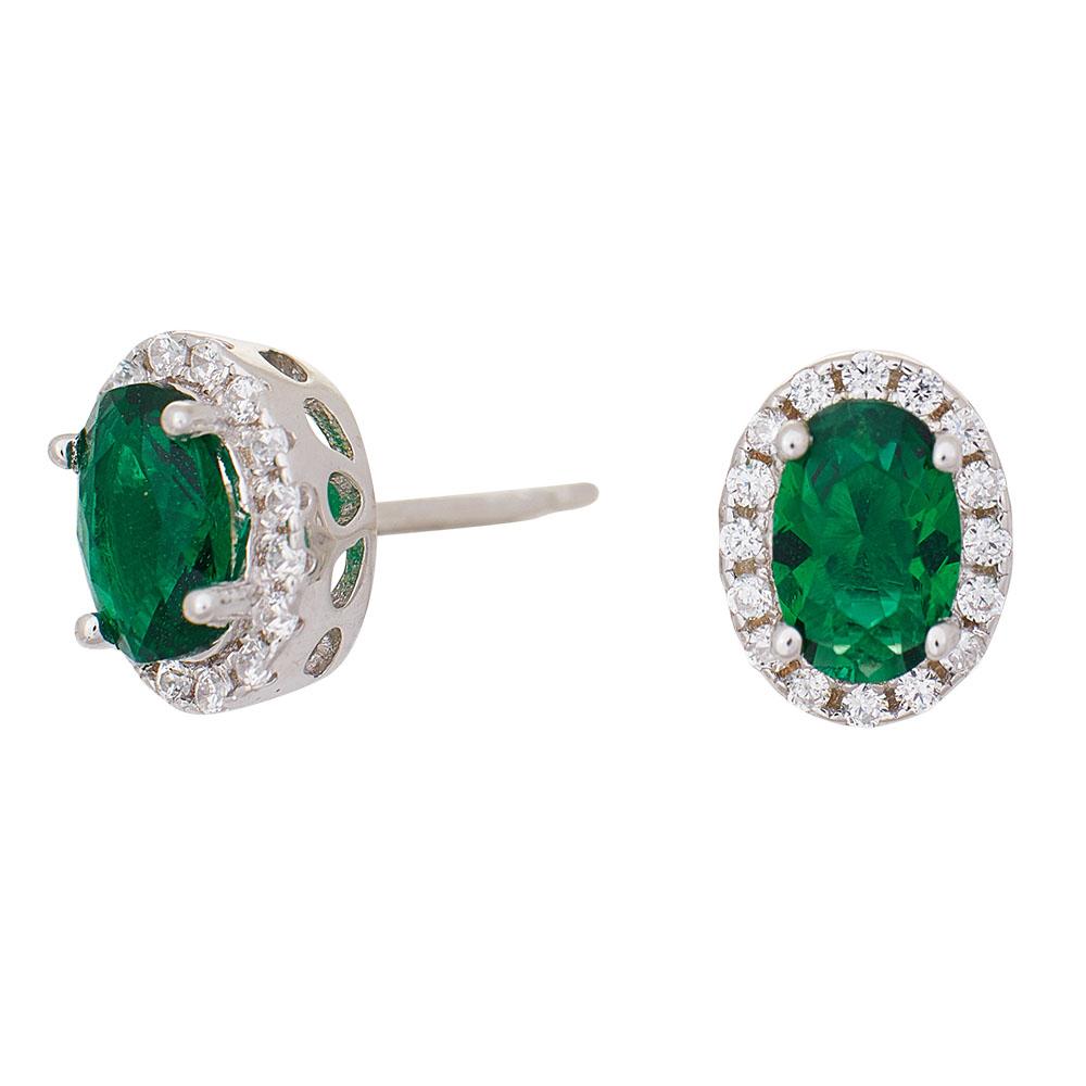 Rhodium-plated silver ear studs w. green zirconia 