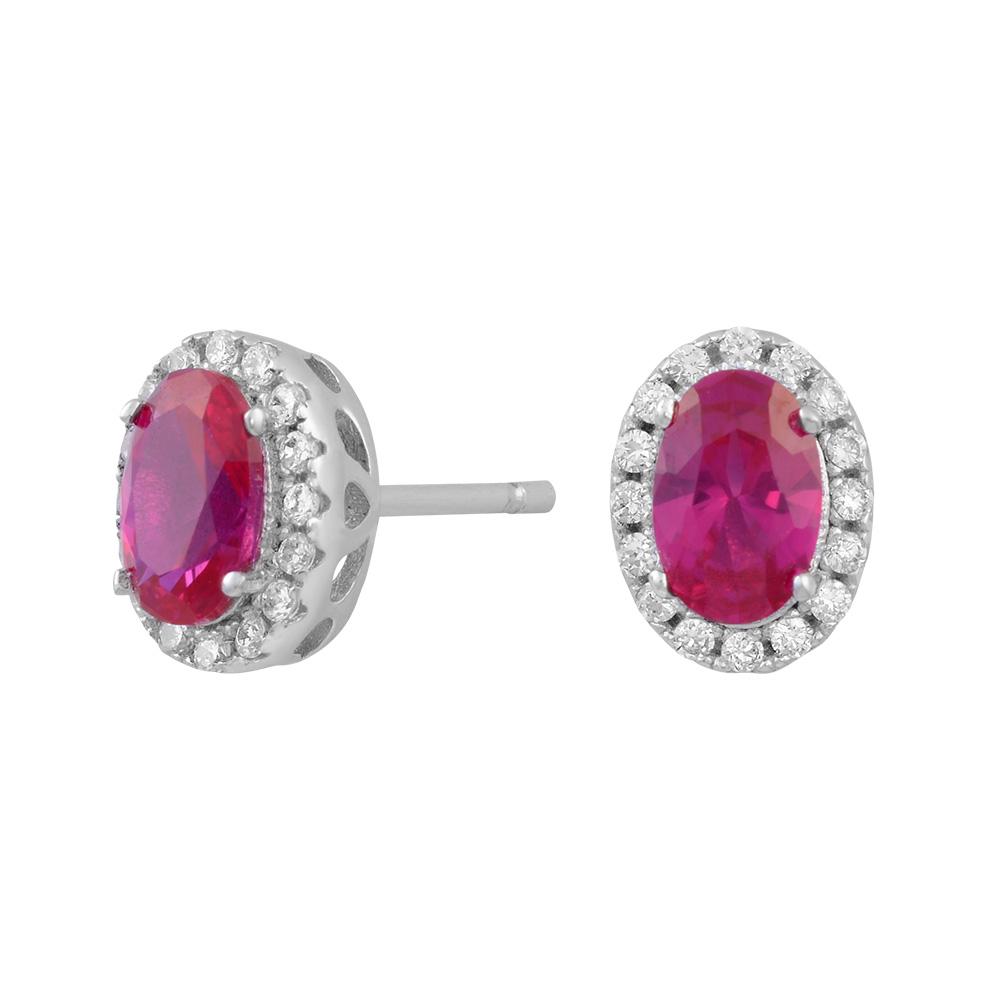 Rhod. silver ear studs oval with red zirconia 