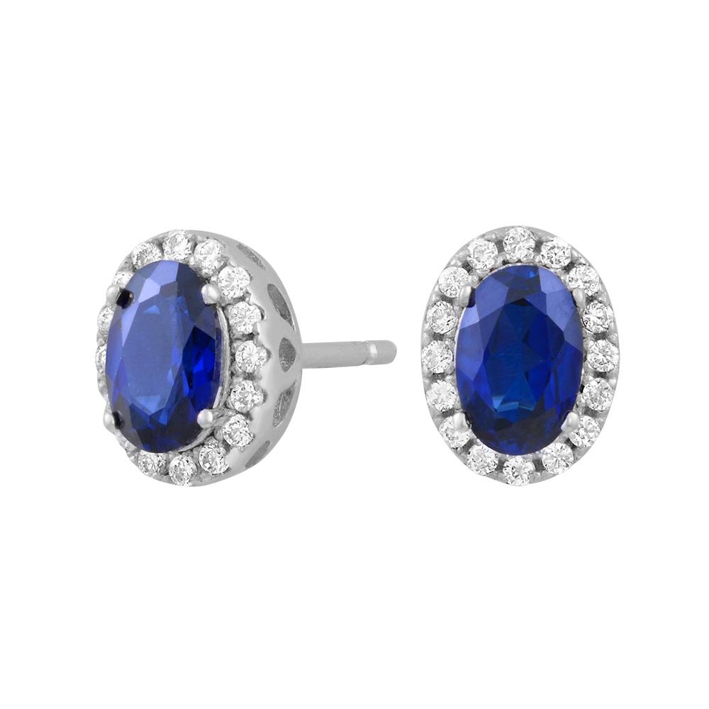 Rhodium-plated silver ear studs with blue zirconia 