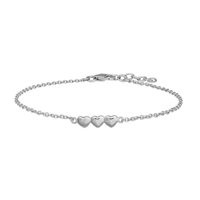 Rhod. silver bracelet w/3 hearts 