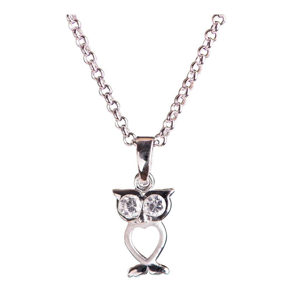 Rhodium-plated silver necklace owl with zirconia 