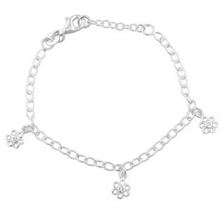Rhod. silver bracelet w/3 flowers w/cz 