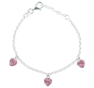 Rhod. silver bracelet w/3 hearts w/pink cz 