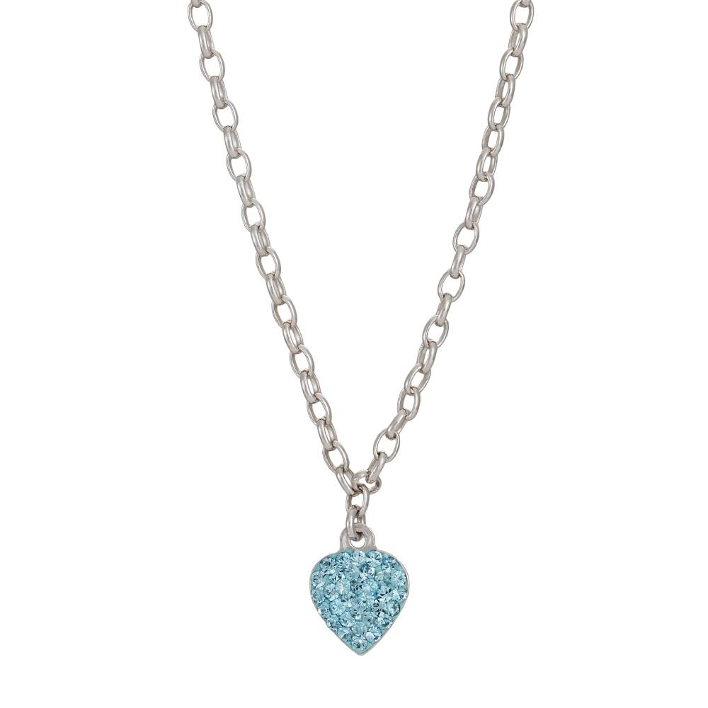 Rhod. silver necklace heart w/light blue cz 