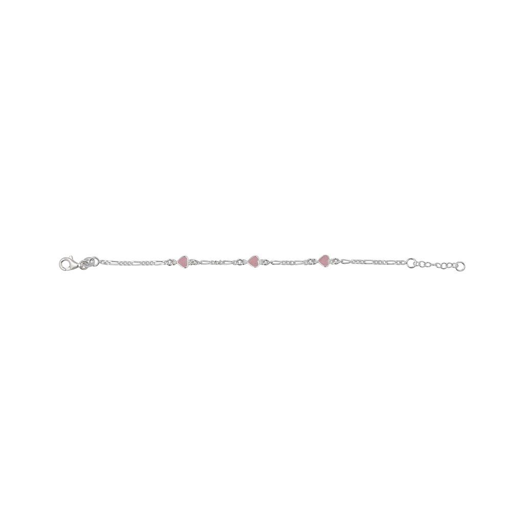 Rhod. silver bracelet w/3 hearts w/pink enamel 