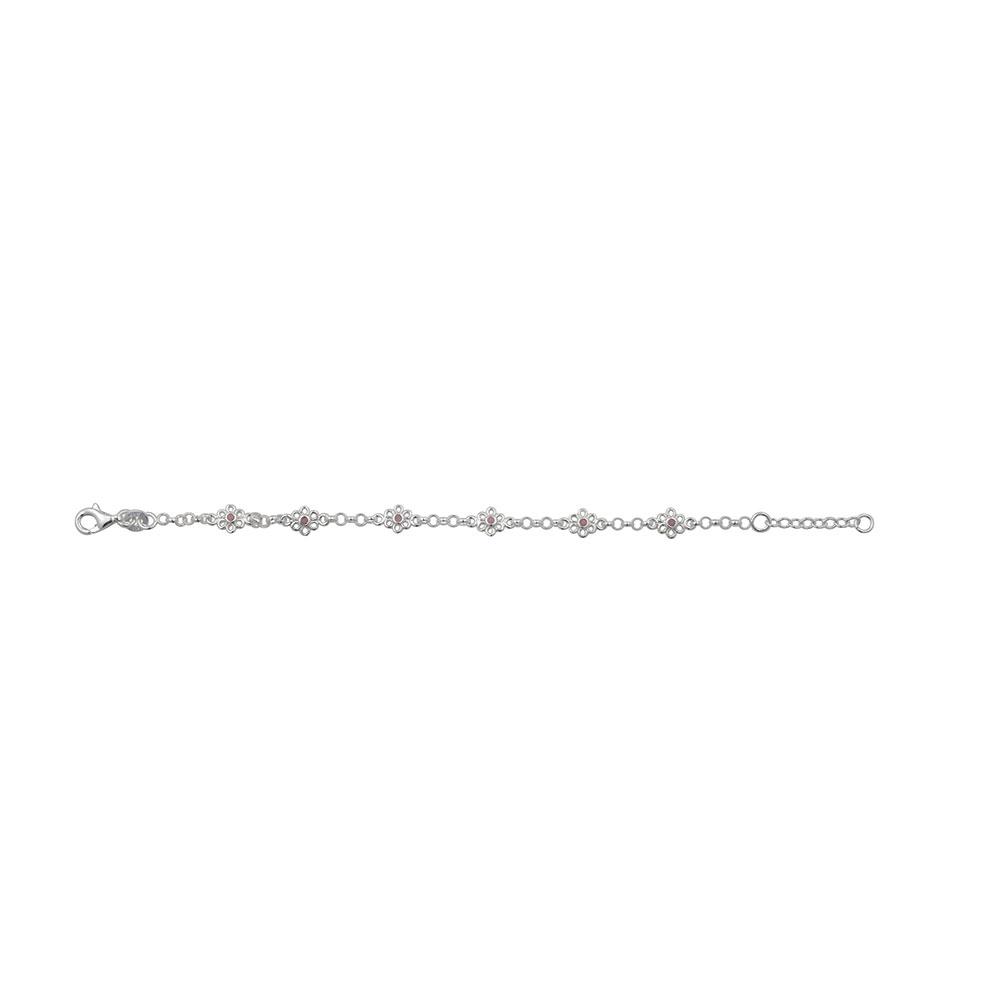 Rhod. silver bracelet w/6 flowers w/pink enamel 