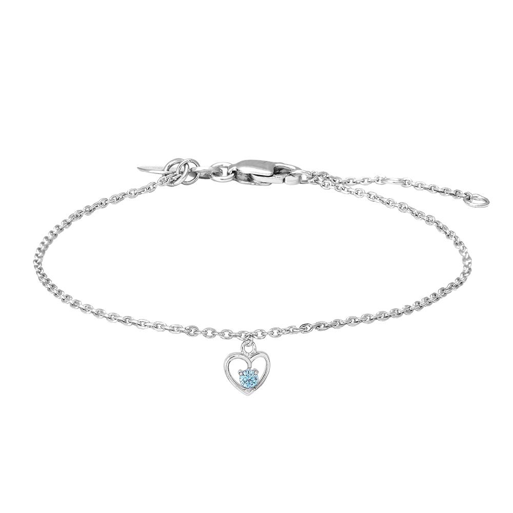 Rhod. silver bracelet heart w/light blue cz 