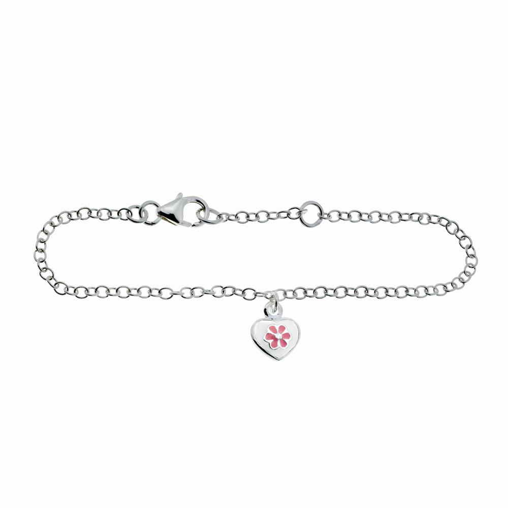 Rhod. silver bracelet heart w/flower and enamel 
